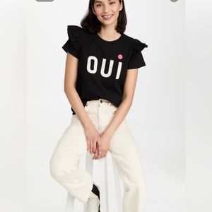 Clare V cotton black iconic OUI top with black ruffle sleeves.